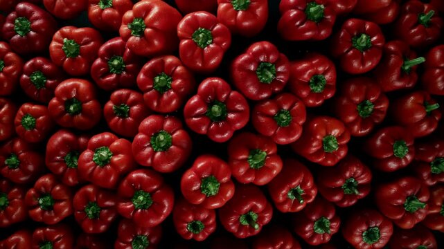 red bell peppers or capsicums in the air