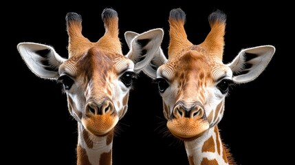 Close-up Giraffe Faces, Black Background, Zoo Portrait