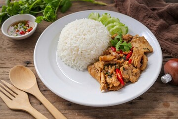 Deep Fried Pork and Garlic with rice in white plate on wooden background