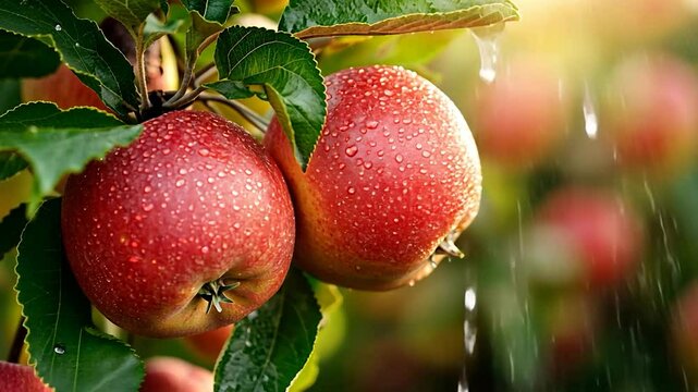 Wet apples on tree branch, orchard