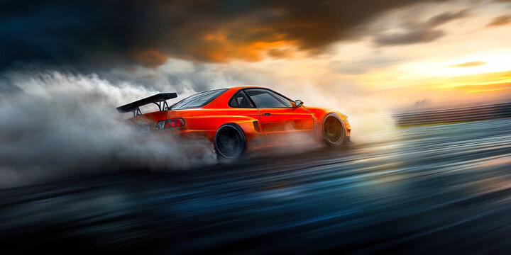 Experience the thrill of drifting with this vibrant orange sports car, kicking up smoke as it accelerates into the sunset.