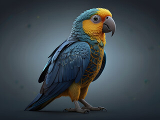 Obraz premium X-ray style illustration of a parrot, transparent body revealing internal anatomy, showing no vocal cords but highlighting the syrinx, scientific medical visualization, deep blue and gold color scheme
