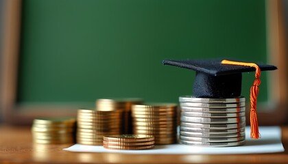 Investing in education financial growth classroom setting image of coins and cap academic environment close-up viewpoint