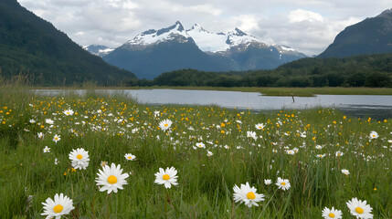 Obraz premium White daisies bloom in a green meadow by a calm lake with snow-capped mountains under a cloudy sky.