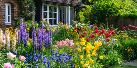 Colorful garden with blooming flowers in front of a brick house.