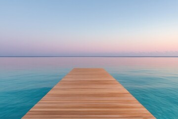Fototapeta premium Serene wooden pier extends into tranquil waters, reflecting soft