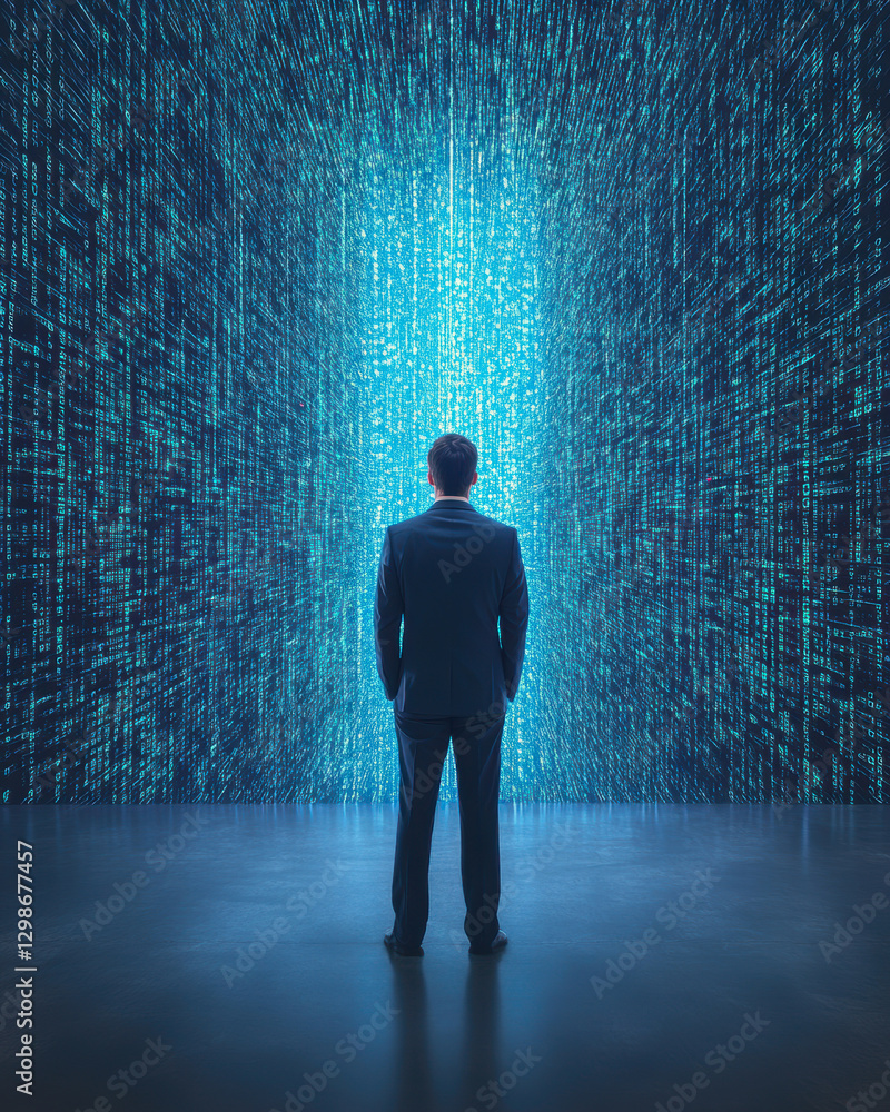 Poster a figure in a suit stands before a cascading wall of binary code, symbolizing the convergence of hum