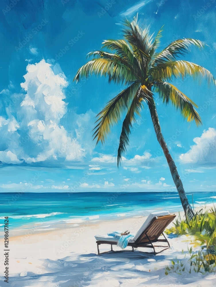 Leinwandbilder Relaxing beach setting with a chaise lounge under a palm tree near ocean waves on a sunny day. Generative AI
