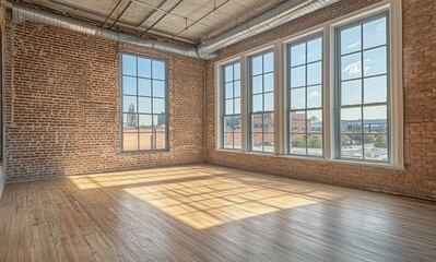 Bright and airy empty room with large windows showcasing industrial brick walls and wooden flooring in a modern urban setting