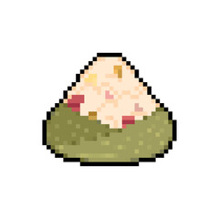 Zongzi pixel art. 8 bit Chinese dish of rice with fillings wrapped in bamboo or reed leaf.