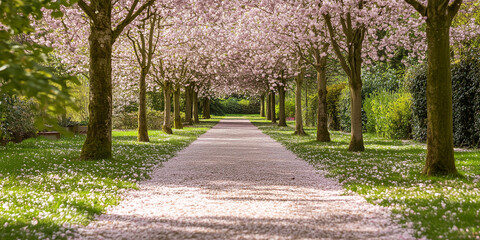 Blossom path: Trees in full bloom line a petal-strewn walkway in soft sunlight.