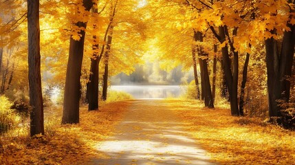 Fototapeta premium Golden Path Through Autumn Trees Leading to a Misty Lake in a serene Nature Scene