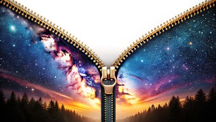 Naklejka premium Obsidian luxury, double-exposed starry night zipper.