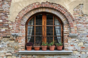 Fototapeta premium Red brick wall and arched window of classical european building in Rome. Detailed photo textured background