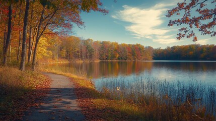 Fototapeta premium A scenic pathway leads to a tranquil lake surrounded by fall foliage in autumn