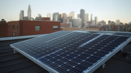 Fototapeta premium of solar panels on a rooftop, with a city skyline in the background and the panels reflecting the sunlight, symbolizing the shift towards green energy 