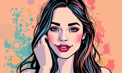 Vibrant Artistic Illustration of a Smiling Woman with Colorful Hair and Abstract Background Featuring Dots and Patterns in a Pop Art Style