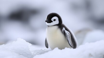 Obraz premium A fluffy penguin chick stands in the cold snowy environment