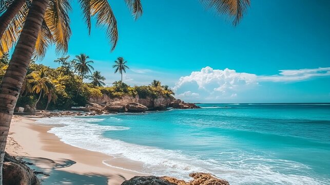 Tropical beach paradise with turquoise water, white sand, and swaying palm trees under a clear blue sky. Coastal bliss at its finest.