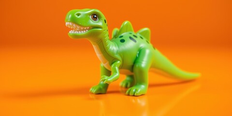 Playful Green Dinosaur Toy on Orange Background