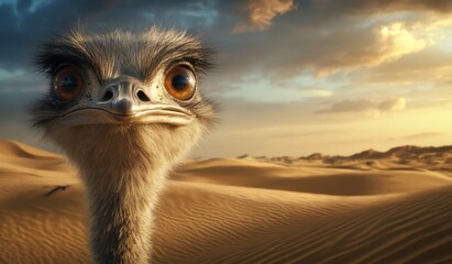 Close-Up of an Ostrich in a Desert Landscape at Sunset