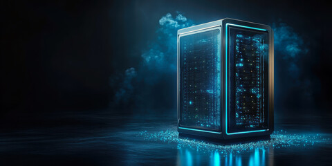 This stunning image showcases a futuristic server tower, illuminated with glowing blue lights, surrounded by a misty atmosphere, representing cutting-edge technology and data processing capabilities.