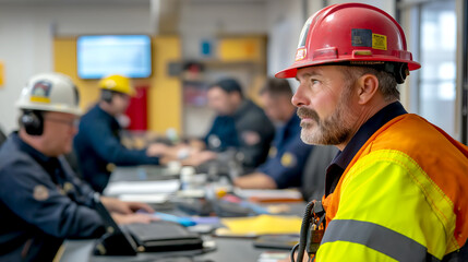 Fototapeta premium Group of construction workers in hard hats in a construction environment, focused and engaged in a planning meeting 