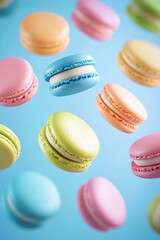 Obraz premium Colorful macaroon cookies falling over blue background. Generative Ai