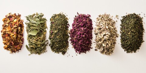 Various dried herbs and flowers arranged on a neutral background showcasing vibrant colors and natural textures