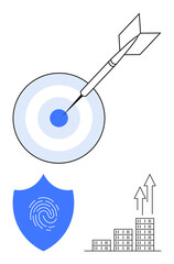 Dart on bullseye for precision, shield with fingerprint for security, rising building arrows for growth. Ideal for accuracy, protection, success, progress, business goals, strategy abstract line