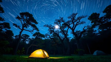 Camping tent in the forest at night with starry sky. Generated by AI