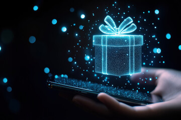 Woman grasping smartphone displaying holographic gift box, representing digital shopping and virtual gifting experience