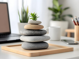 Tranquil Office Desk with Zen Stones and Greenery for Modern Workspace