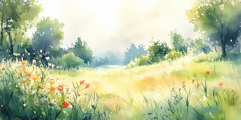 Watercolor meadow landscape with vibrant wildflowers
