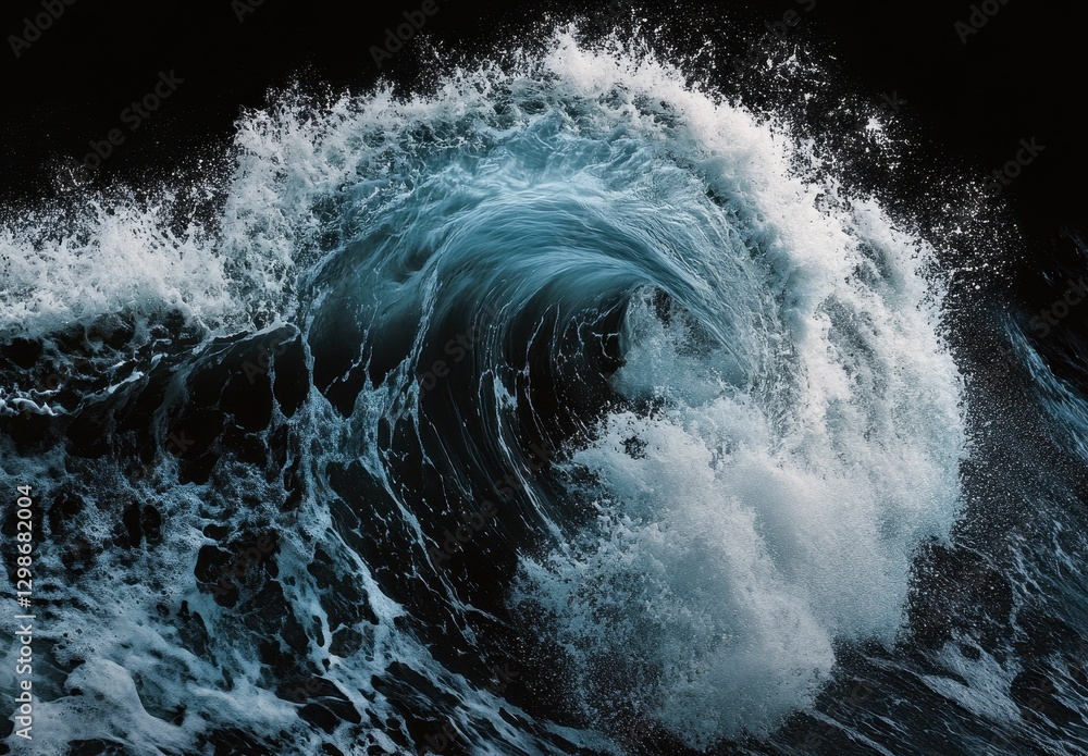 Poster captivating ocean wave splashing in dark waters with dynamic foam and curved crest creating an intri