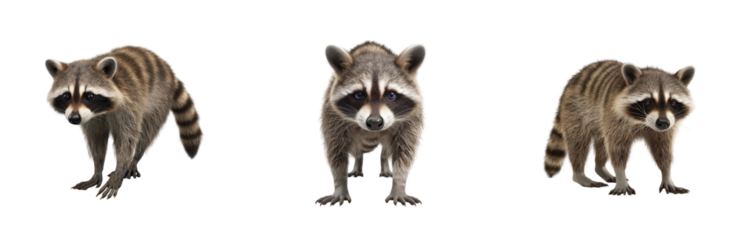 Three curious raccoons facing forward on white background