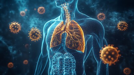 Human body anatomy showing internal organs and a virus illustration