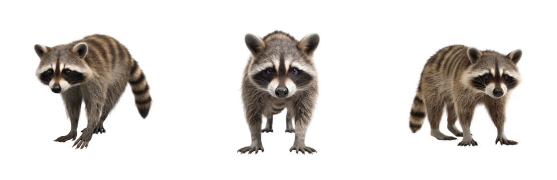 Three curious raccoons facing forward on white background