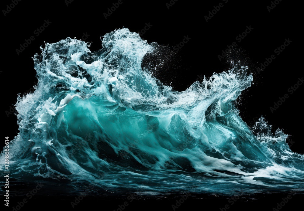 Poster captivating turquoise wave with dynamic motion and energetic foam against a black background for nat