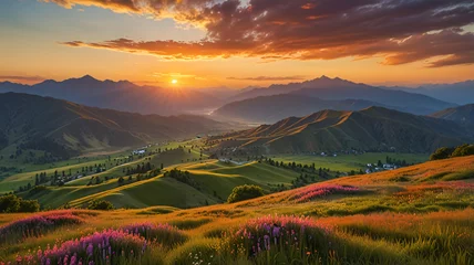Fototapeten A Mesmerizing picture of a Nature with landscaped mountain range, vibrant romantic sky, lush foliage, golden hours, sunset glow, flowers, grass, trees. © priya