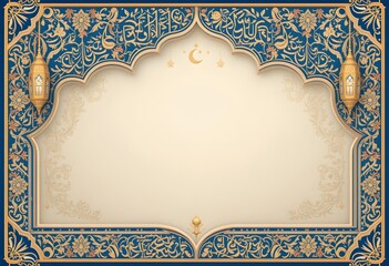 Elegant Islamic Background with Golden Lanterns, Ornate Floral Borders, and Blank Space for Ramadan, Eid, and Festive Greetings  