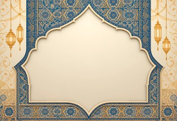 Elegant Islamic Background with Golden Lanterns, Ornate Floral Borders, and Blank Space for Ramadan, Eid, and Festive Greetings  