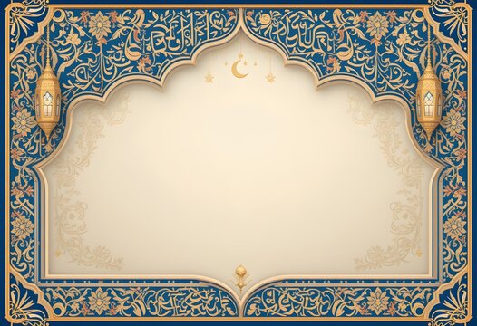 Elegant Islamic Background with Golden Lanterns, Ornate Floral Borders, and Blank Space for Ramadan, Eid, and Festive Greetings  