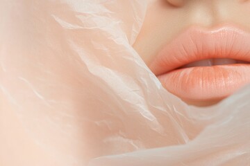Fototapeta premium Soft, delicate lips partially concealed by translucent fabric, e