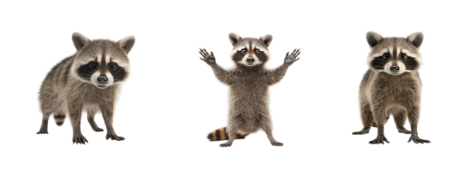Three curious raccoons standing with paws up on transparent background