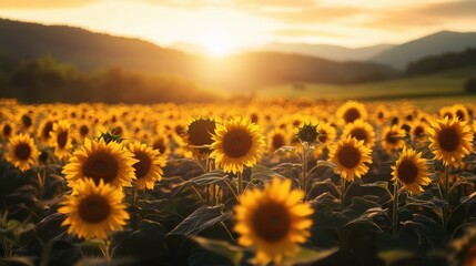 Obraz premium Sunflower Field at Sunset with Warm Glowing Light in Background
