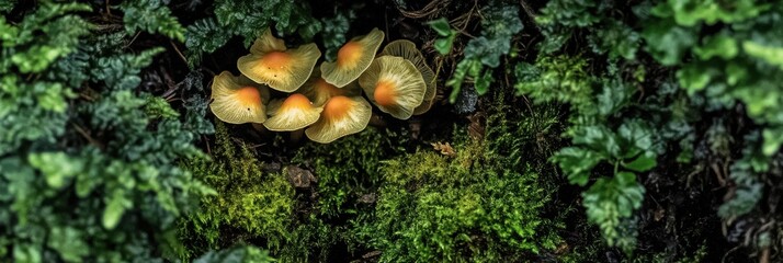 Cluster of vibrant wild mushrooms surrounded by lush green foliage in forest
