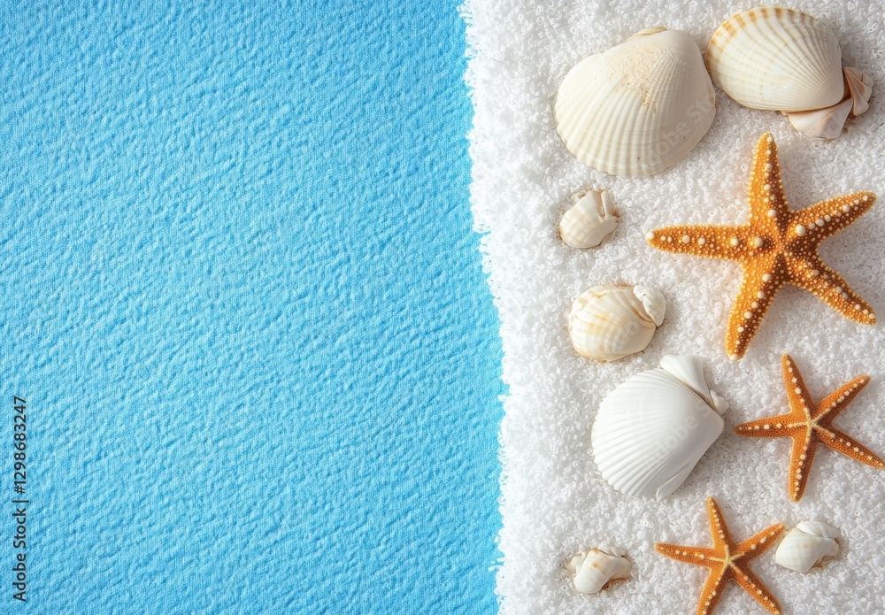 Poster a blue background with a white towel and seashells, with starfish on the right side of the compositi