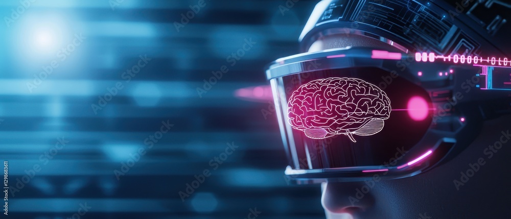 Poster wearable technology in healthcare. futuristic image of a person wearing high-tech goggles displaying