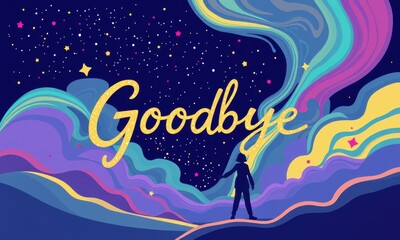 Silhouette of a Person Waving Goodbye Amidst Vivid Celestial Nightscape with Swirling Northern Lights and Starry Sky